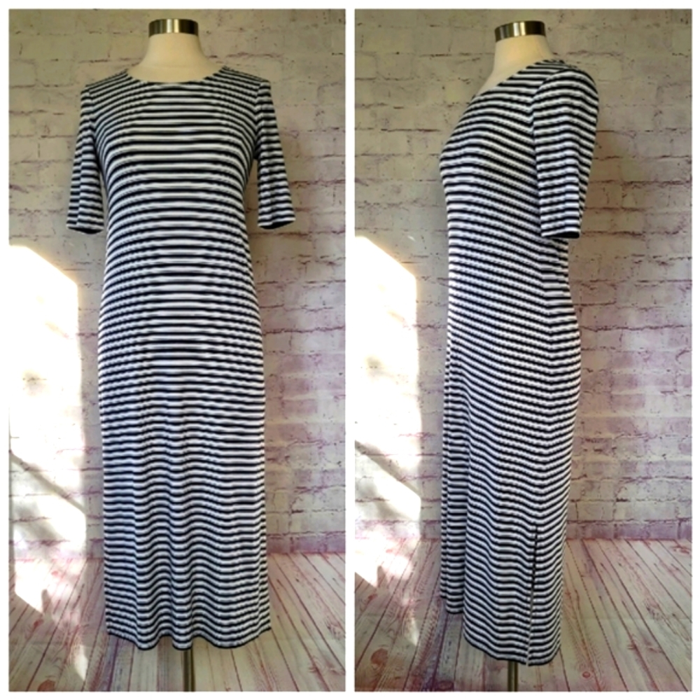 Chico's Navy Cream Striped Short Sleeve Stretch T-Shirt Maxi Dress XS